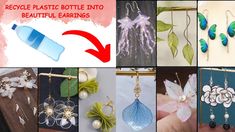 there are many different pictures with flowers and leaves on them, including plastic bottle into beautiful earrings