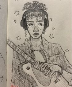 a drawing of a girl with headphones and a guitar in her hand is shown