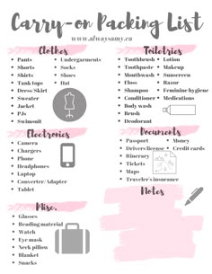 a pink and white poster with the words carry - on packing list written in black