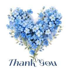 a heart shaped bouquet of blue flowers with the words thank you