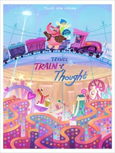 an animated movie poster with characters riding on a train in the middle of a carnival