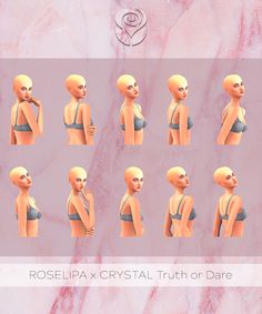 various poses of a woman with different facial expressions on her face and chest, in front of a pink marble background