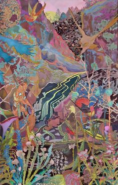 an abstract painting with birds and plants on it's side, in the middle of a