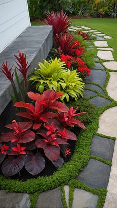 a garden with green grass and red flowers