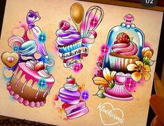 an image of some cakes and cupcakes on a paper with the words happy birthday to you