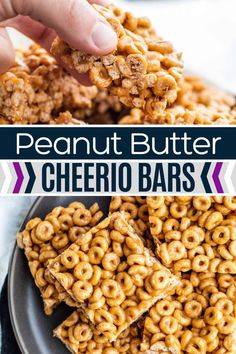 peanut butter cheerio bars stacked on top of each other with the title above it