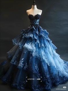 Victorian Style Ball Gowns, Ice Inspired Dress, Fairytale Dress Blue, Ocean Ball Gown, Fantasy Dresses Aesthetic, Dark Blue And Black Wedding Theme, Big Dresses Gowns, Black And Blue Outfit Aesthetic, Blue And Black Wedding Dress