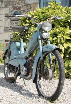 an old motorcycle is parked in front of some bushes