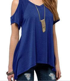 The perfect tee ~ featuring a v-neck, a cold shoulder and a flowing looking and feel Pairs perfectly with jeans, pants, shorts, skirts, leggings and shorts. Comes in 9 fabulous colors from which to choose. Made with a cotton blend. Faux Suede Skirt, Unique Blouse, Loose Tees, Lovely Tops, Suede Skirt, Loose Fitting Tops, Blue V, Loose Blouse, Loose Tops