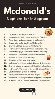 mcdonald's captions for instagrams are shown in this graphic above the image