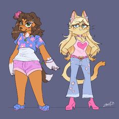 two cartoon characters, one with a cat and the other wearing high heeled boots