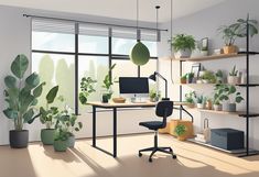 a computer desk with plants on the shelves in front of it next to a window