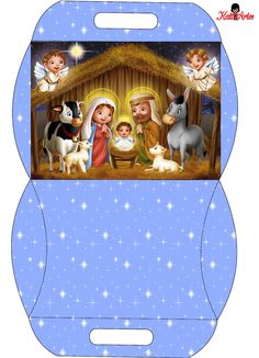 a blue box with an image of the birth of jesus and baby jesus in it