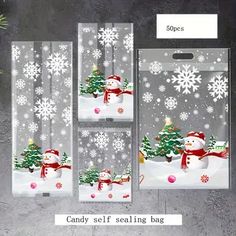 three bags with snowmen and christmas trees on them