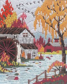 an image of a painting with autumn trees and houses in the background, including a water wheel