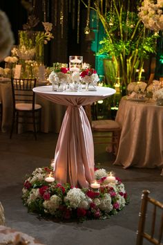 the table is decorated with flowers and candles