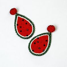 Beaded Watermelon Teardrop Earrings in Red and Green - Giddy Up Glamour Boutique Beaded Teardrop Earrings For Summer, Summer Beaded Teardrop Earrings, Summer Teardrop Beaded Earrings, Colorful Beaded Dangle Earrings, Cute Beaded Earrings For Summer, Teardrop Beaded Earrings For Summer, Red Beaded Teardrop Dangle Earrings, Red Beaded Earrings As Summer Gifts, Red Teardrop Beaded Earrings