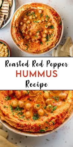 roasted red pepper hummus recipe with chickpeas and garbanzo on top