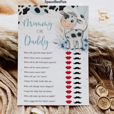 a card that says mommy or daddy with a cow on it and some coins next to it