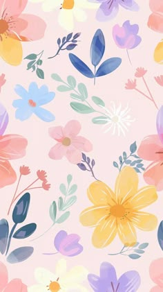 a pink background with colorful flowers and leaves