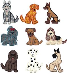 dog appliques are shown in different colors and sizes, including brown, black, white, and gray