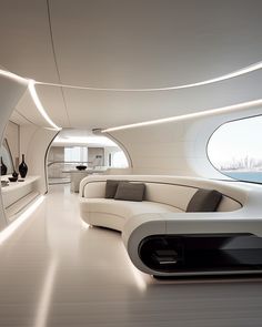 a modern living room with curved couches and large windows overlooking the cityscape