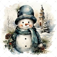 a watercolor painting of a snowman wearing a hat and scarf with a church in the background