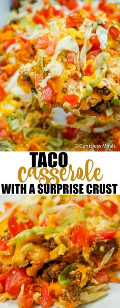 the taco casserole with a surprise crust is ready to be eaten and served