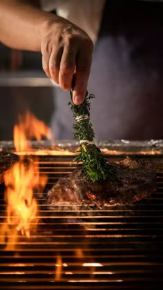 a person is grilling some food on a grill with flames in the background and one hand holding a piece of meat