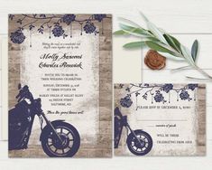 a wedding card with a motorcycle on the front and back, next to an envelope