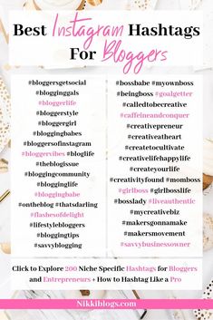 the best instagram hashs for bloggers in pink and white with gold accents