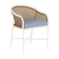 a white and blue chair with wicker armrests on an isolated white background