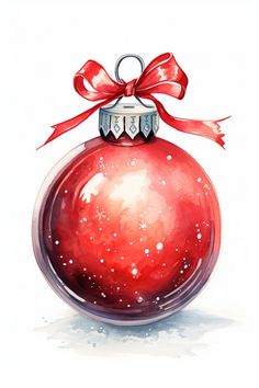 a red christmas ornament with a bow on it's top and watercolor paint