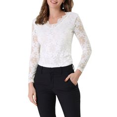 Made from lightweight semi-sheer fabric in a fitting silhouette, this elegant lace blouse from Allegra K is designed with lace trim and full sleeves, which is an effortless option for weddings, night out, or party. This lace shirt is fashioned with a flattering deep V-neckline and feminine long sleeves. Scalloped lace trim and lace panel is adding a romantic feeling to this stretchy blouse, especially for teens, girls, or ladies. Occasion: Wedding, Date, Night Out, Club, Cocktail, Evening Party, Ivory Lace Top, Floral Lace Top, Womens Lace Tops, Backless Blouse, Floral Lace Tops, Tops Long Sleeve, Scalloped Trim, Blouse Tops, Lace Shirt