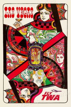 an advertisement for the las vegas casino, featuring women and men in colorful art work