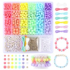 various beads and bracelets are arranged in a plastic box with beading supplies on the side