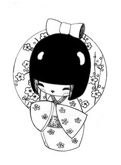 a black and white drawing of a girl in a kimono with flowers around her neck