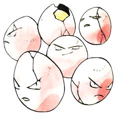 four faces with different expressions drawn in watercolor and ink on paper, each face has one yellow light