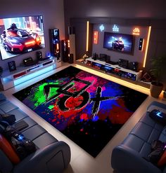 a living room with two couches and a rug that has the image of a car on it