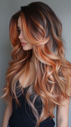 Tiktok Hair Color Ideas, Hair Color For Golden Brown Eyes, Brown To Red Color Melt, Brown Colorful Hair, Black Hair With Blonde And Red Highlights, Strawberry Ombre Hair, Orange Halo Hair, Light Brown Hair With Orange Highlights, Cool Colors To Dye Your Hair