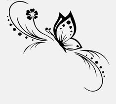 a black and white drawing of a butterfly with flowers on it's back side