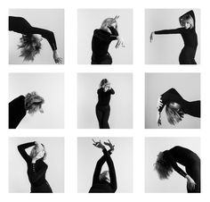 black and white photo of woman in various poses with her hands on her head, arms out to the side