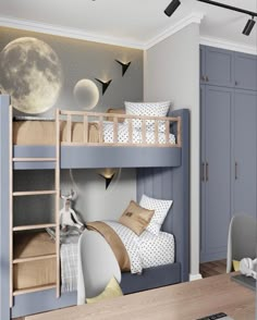 a child's bedroom with bunk beds and space themed wallpaper