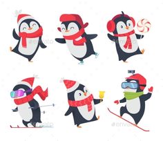 penguins in different poses with skis and snowboards on their feet - animals characters