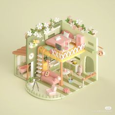 an illustrated model of a house with furniture and flowers on the balcony, in pastel colors