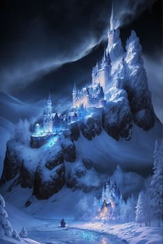 a castle in the middle of a snowy mountain with trees and lights on it at night