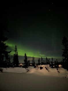 the northern lights shine brightly in the sky above snow covered trees