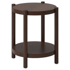 a round wooden table with one shelf on the top and two legs at the bottom