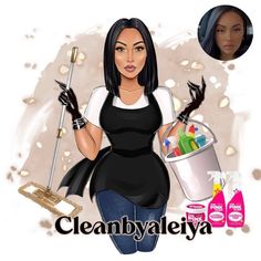 a woman holding a bucket with cleaning products in it and the words clean byalaya above her