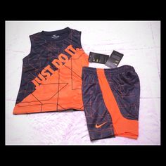 Matching Nike Set Thunder Blue And Orange Colored Tank And Shorts. Shorts Are Mesh Down The Sides And Across The Bottom Of The Back Of The Legs. Orange Swoosh Logo Is Embroidered On Front Left Leg ***On The Front Center Of The Left Short Leg There Is A Small Pull. Thought It Was Lint At First. Shown In Last Two Photos*** Thunder Blue And Orange Tank Top With Just Do It Diagonal Across The Front For A Half And Half Look. Backside Is Solid Thunder Blue. Nike Set, Orange Tank Top, Half And Half, Swoosh Logo, Short Legs, Blue And Orange, Kids Nike, Just Do It, Matching Sets